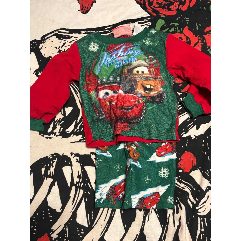 Disney Pixar Cars Christmas Fleece Pajama Set 24M Lightning McQueen Mater Green